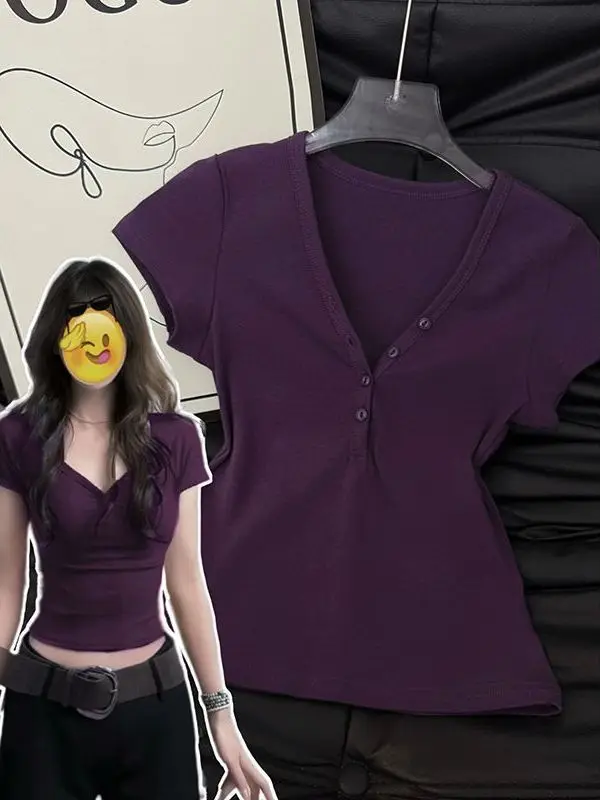 Purple Slim Fit Short Sleeve V-Neck Button up Henry Shirt Women's T-Shirt Summer Spicy Girl Design Short Length Top