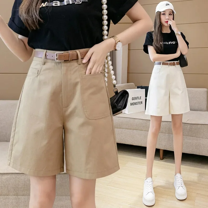 Summer Female High Waist Workwear Shorts Ladies Casual Straight Leg Pantalons Spring Women Solid Color A-line Wide Leg Trousers