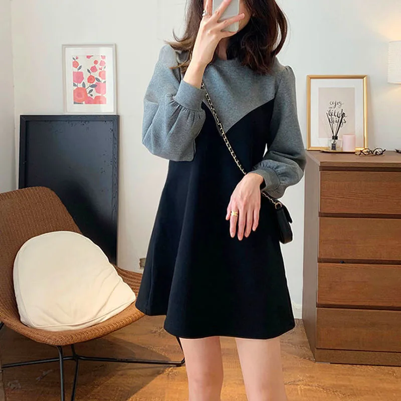 

Color Blocking Patchwork Autumn Fake Two-piece Round Neck Lantern Sleeve Dress Spring Fashionable Loose Versatile Mini Skirt