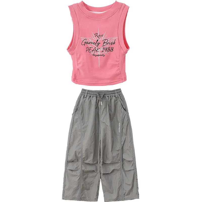 Ubrania Hip Hop dla Dziewczynek Dziecięce Kostiumy Jazzowe Street Dance Różowe Bezrękawniki Szare Spodnie Casualowe dla Dzieci Strój na Występ