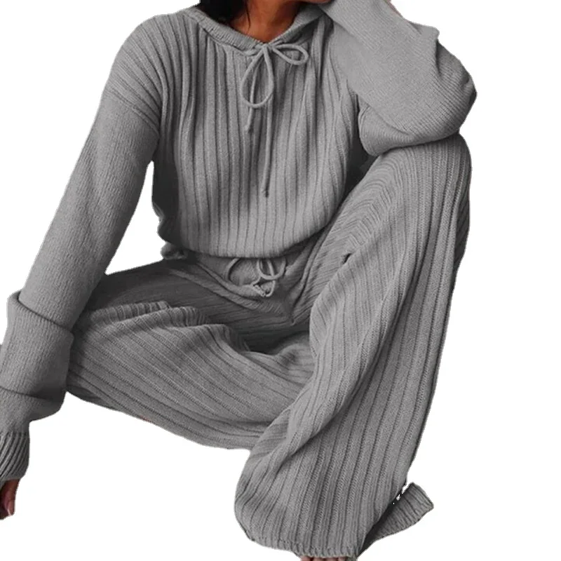 Wiosna jesień kobiety z długim rękawem z kapturem Homewear piżamy garnitury Casual solidna 2 szt. Odzież codzienna moda elegancka odzież uliczna Homewear — zdjęcie 2
