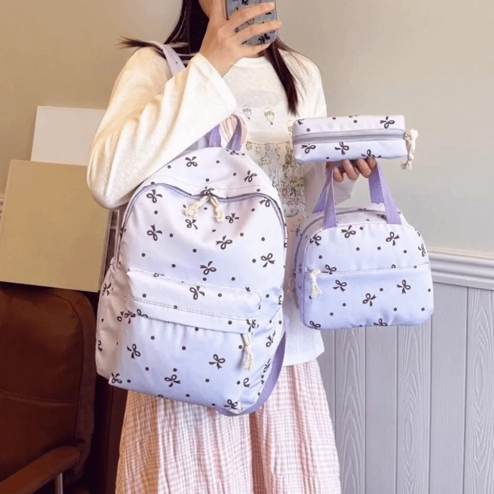 Daypack Three-piece School Bag Set with Pen Bag Handbag Nylon Bow Backpack Fixed Webbing Scratch Prevention Students School Bag