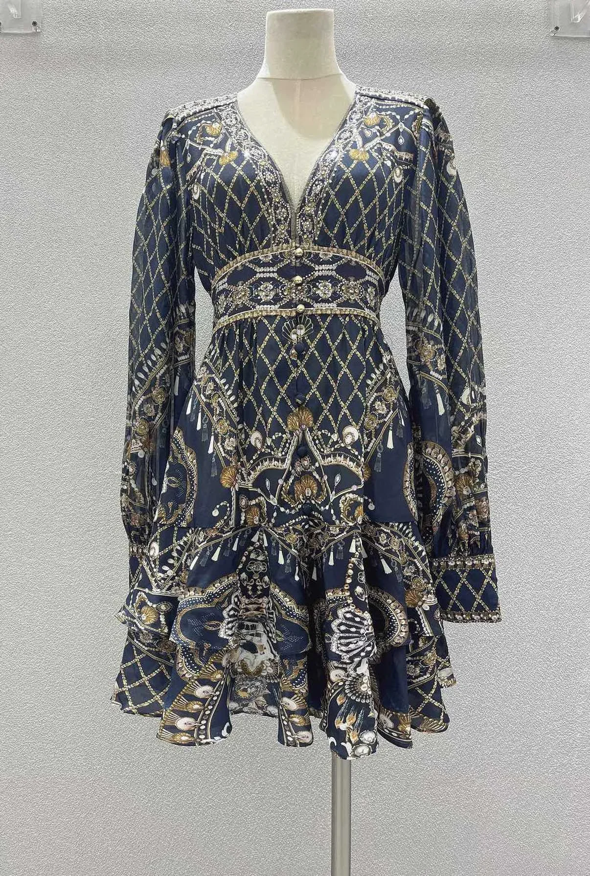 Women Argyle Beaded Dress 100% Silk V-Neck Lantern Sleeve Elegant Mini Robe