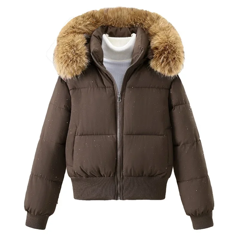 Women Autumn Winter Hooded Faux Fur Collar Puffer Jackets Loose Warm Zipper Solid Windproof Pockets Short Female Outerwear