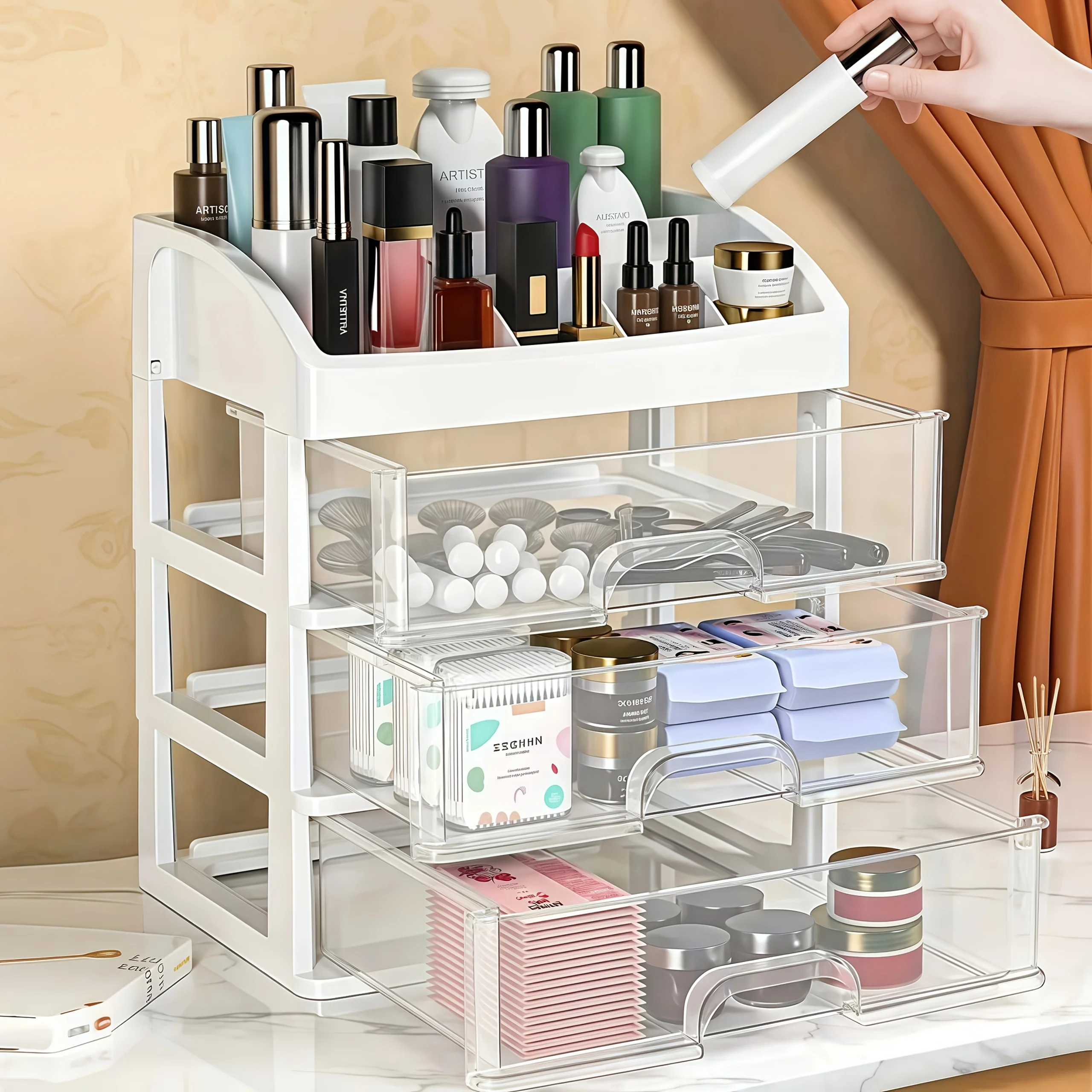 

USA Local Fast Shipping 4‑Layer Plastic Cosmetic Storage Rack, 3 Pull‑Out Drawers Desktop Organizer for Skincare Medicine Stationery, No Installation Shelf for Bathroom Home Decor