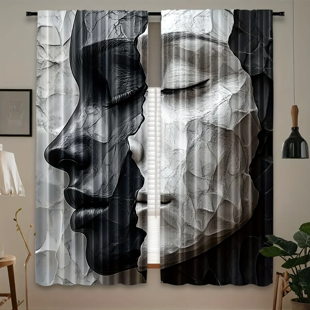 Abstract Face Curtain Panels,Black White Cracked Marble Human Face Art Print Drapes for Modern Bedroom Stylish Living Room Decor