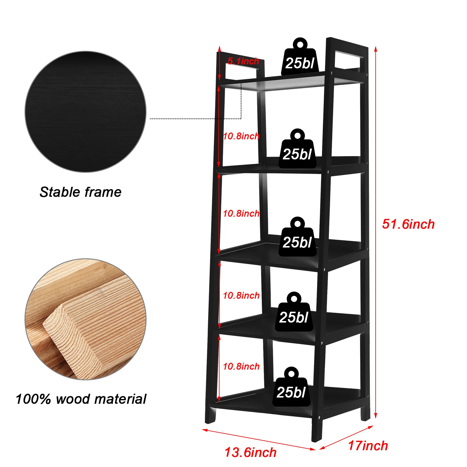 5 Tier Bookshelf, Modern Open Bookcase, Ladder Bookshelf Open Storage Rack Wood Ladder Shelf, Bookcase Shelf Storage Organizer