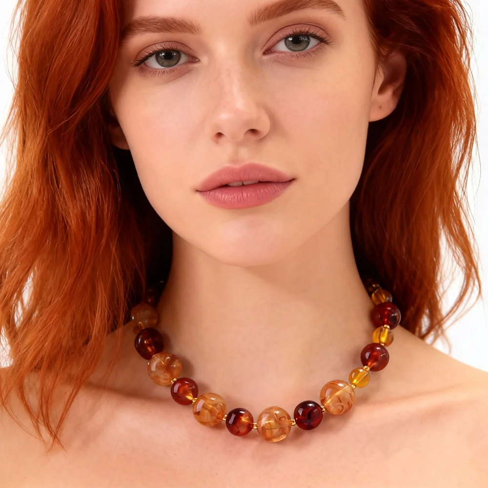 New Trendy Resin Round Beads Chain Necklaces for Women Man Popular Handmade Acrylic Amber Big Circle Choker Retro Jewelry Gift
