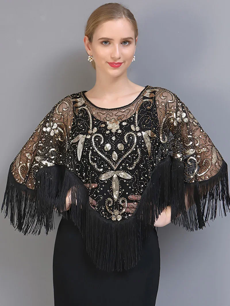 Ladies Vintage Tassel Shawl Dance Performance Costumes for Women Hollow Out Sequin Cloak Dancing Party Latin Belly Dancewear