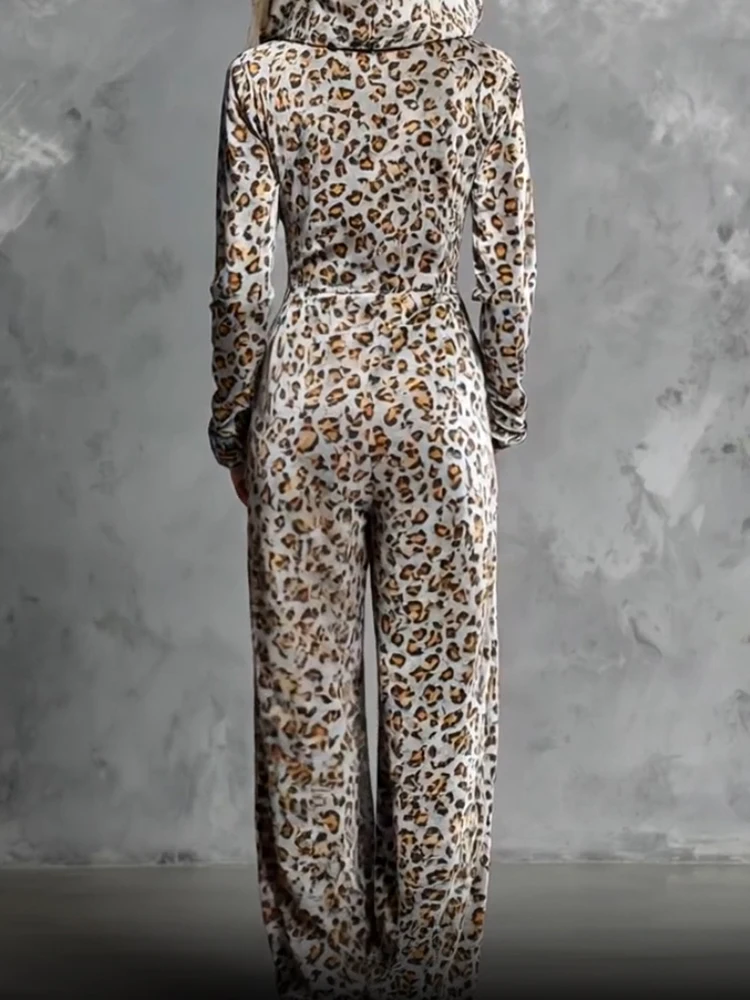 Осенне-зимние комбинезоны с леопардовым принтом и капюшоном, женские праздничные шикарные комбинезоны на молнии с длинными рукавами, широкие брюки, женские боди