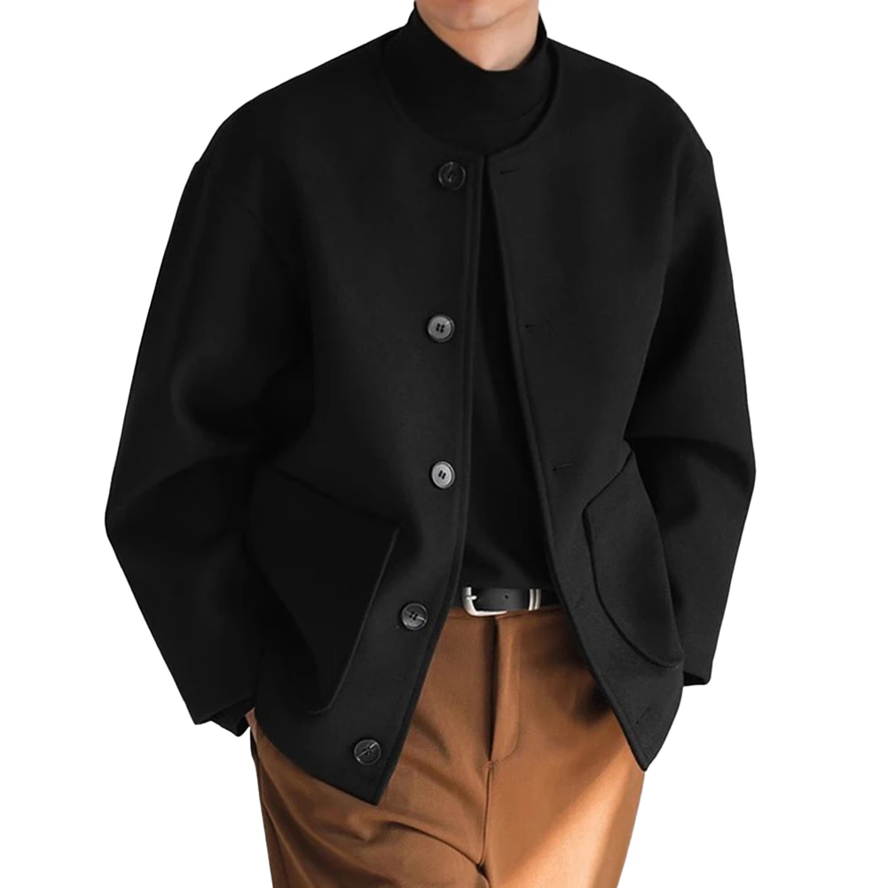 

Collarless Buttons Jacket Button Jacket Long Sleeve Jacket Men Casual Jacket Button Closure Casual Style Polyester Fabric