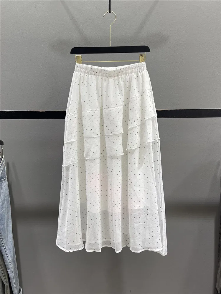 

White Polka Dot Chiffon Half Skirt Women's Mid-Length A-Line Cake Skirt Summer New Style Casual High Waist with Lace Trim