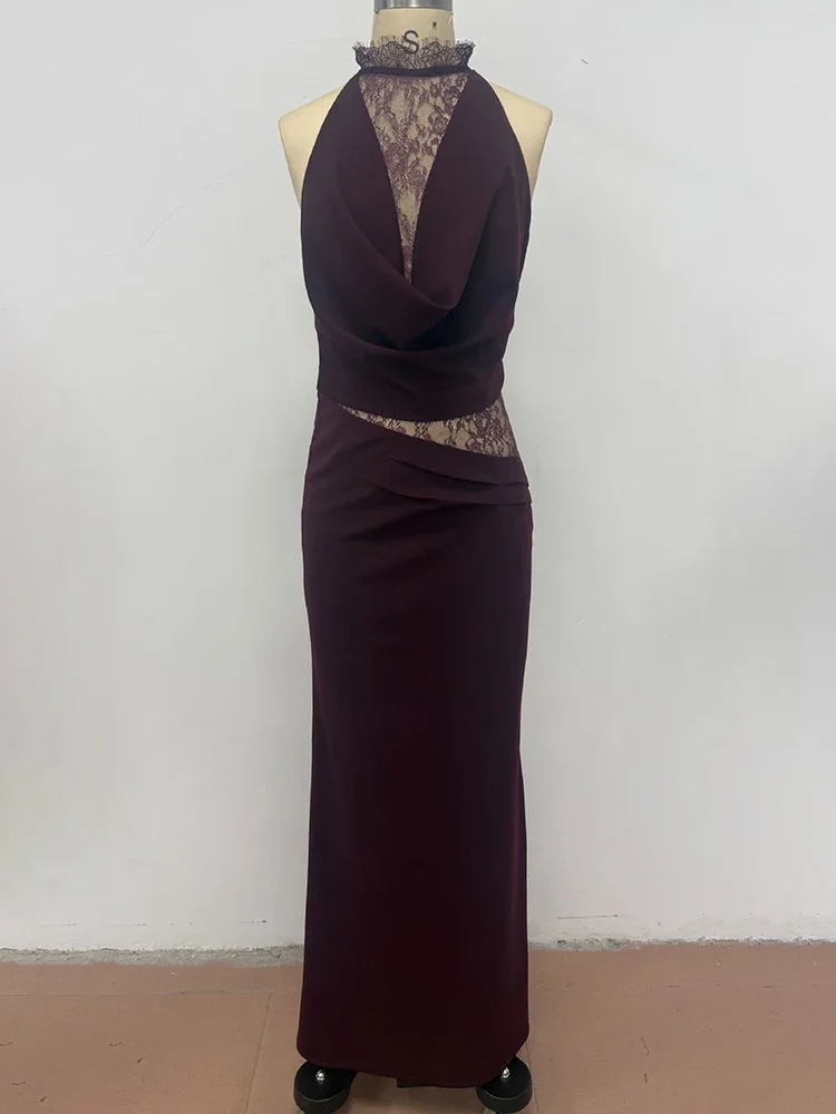 Lace Hollow Out Backless Sexy Maxi Dress Women Gown Elegant Sleeveless High Waist Ruched Bodycon Club Party Long Dress