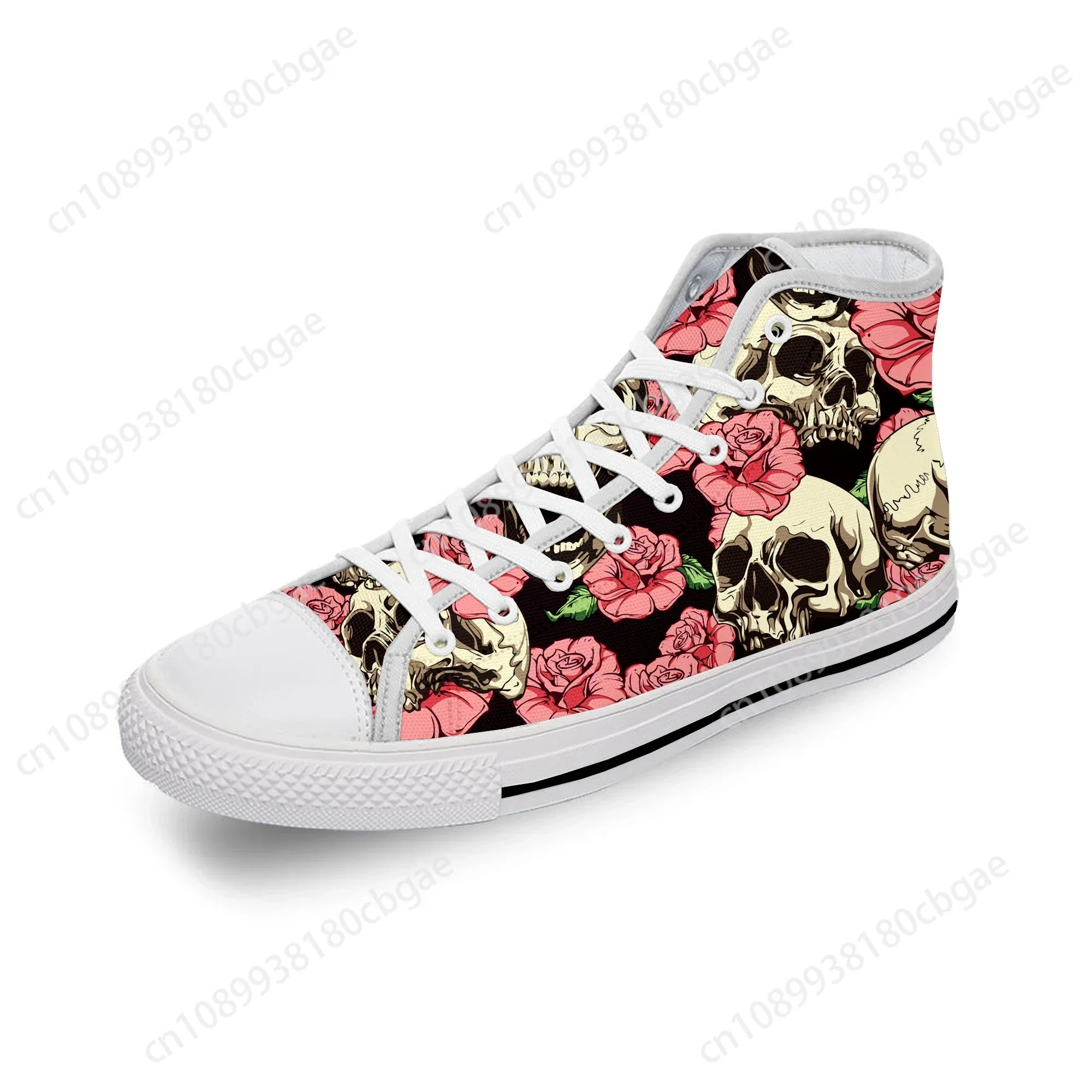 Teschio di zucchero Fiore rosa Caldo divertente Panno bianco Moda Stampa 3D Scarpe di tela alte Uomo Donna Sneakers leggere e traspiranti