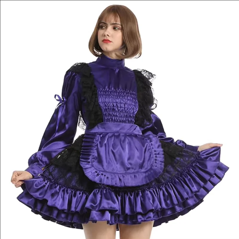 French Sexy Adult Customized Fetishism Crossdressing Sissy Chest Fold Elastic Waist Long Sleeve Fluffy Tulle Dress