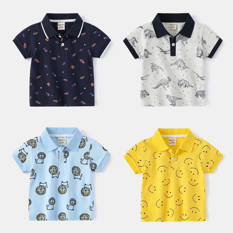 1-7T Nuovi Ragazzi Polo Tee Shirt Top di Lusso Blu Navy Bambino Ragazzo T Shirt Gira Imbottiture Collare Giallo Dinosauro T-Shirt per I Vestiti Dei Bambini