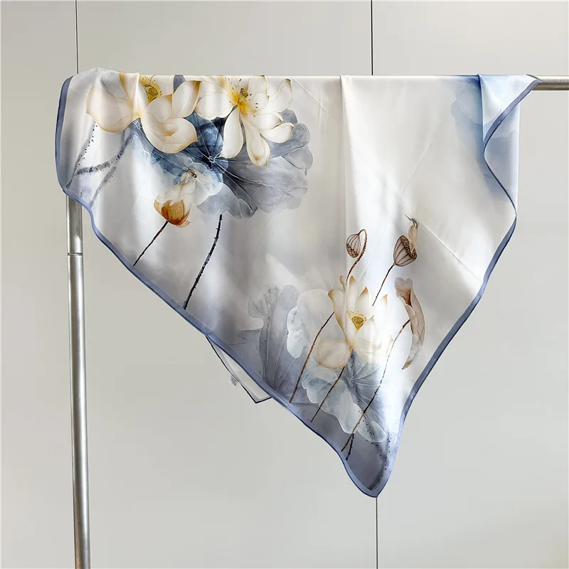 Genuine 100% Mulberry Silk Square Headscarf 88x88cm Women Watercolor Floral Lightweight Neckerchief Head Wrap Hijab Bandana Gift