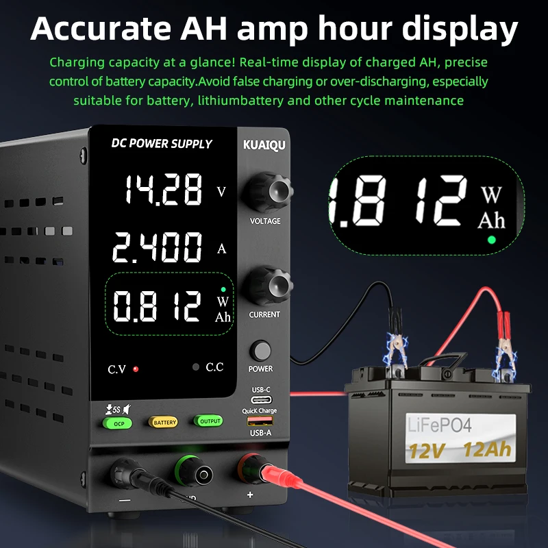 Fonte de alimentação DC ajustável KUAIQU 30V 10A, 12V 24V 48V 60V 120V Carregador de bateria universal inteligente, monitor Ah em tempo real