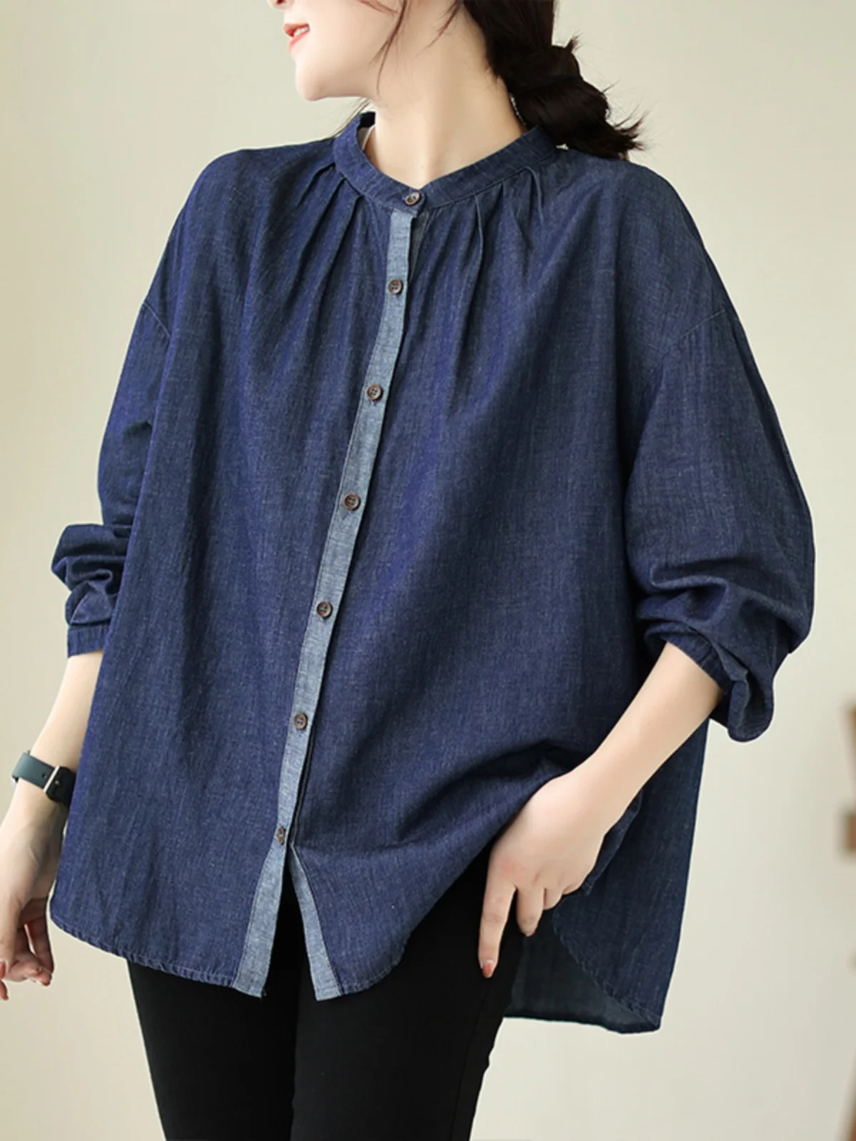 

Женские джинсовые джинсы irt Long Sve с воротником-стойкой на одной пуговице в стиле ретро, цветная блузка, повседневная деловая одежда средней длины