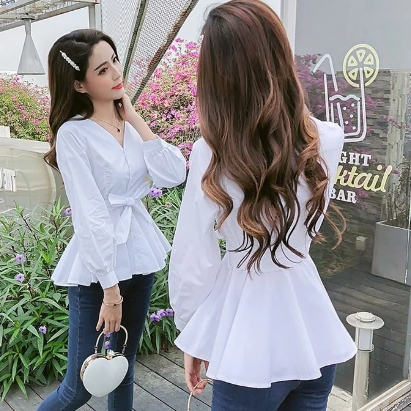 Spring Autumn New Button Lacing Blouse V Neck Long Sleeve Solid Color All-match Short Shirt Tops Elegant Fashion Women Clothing