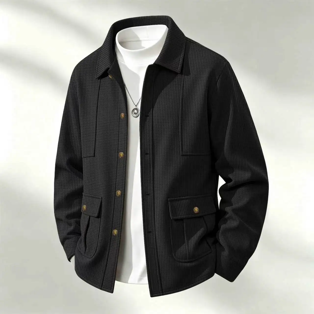 Men's waffle shirt with a turned-down collar, button decoration, and multiple pockets, presenting a casual style. Excellent qual