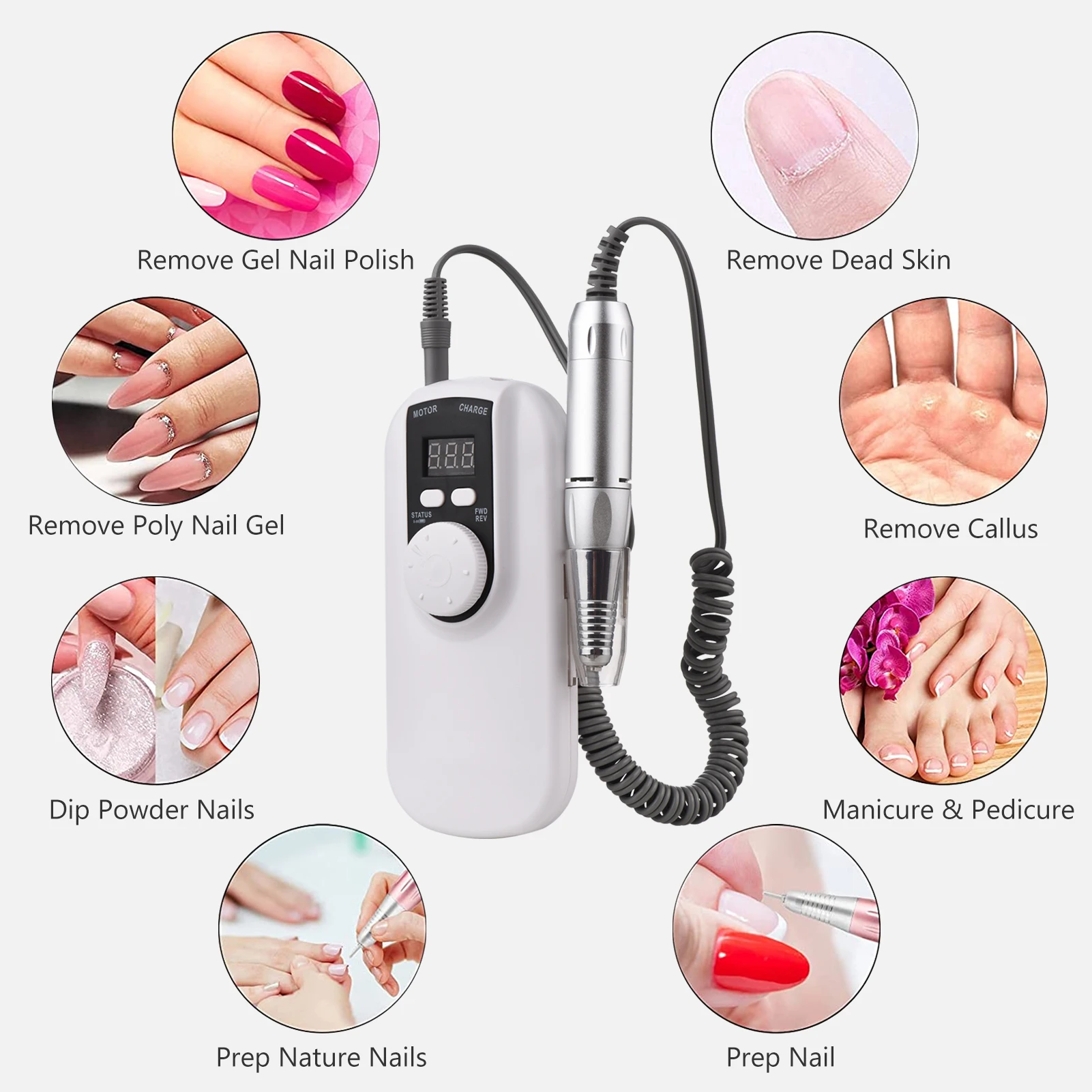 Trapano per Unghie Ricaricabile Elettrico 35000RPM Alta Velocità con Display LED e Supporto per Penna