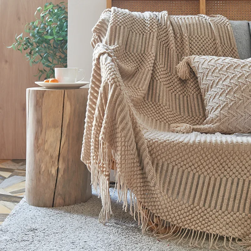 3D Knitted Blanket With Tassel Solid Color Sofa Blanket Cover Nordic Home Decor Throw Blanket For Bed Portable Breathable Shawl