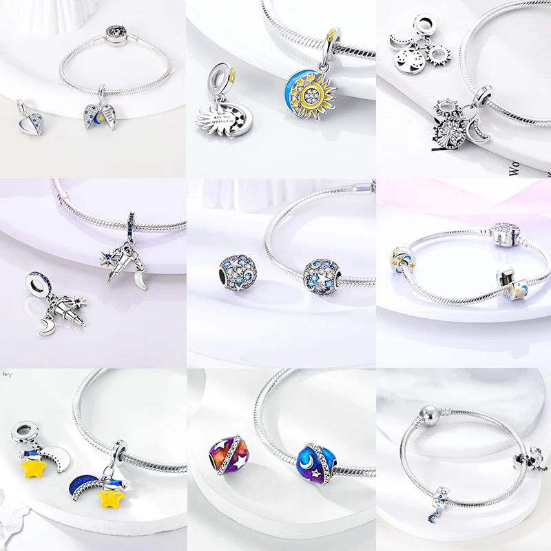 925 Sterling Silber Sonne Sternenhimmel Charms Serie Gold Sonne Sterne Mond Anhänger Passend für Armband DIY Schmuck Original Mode für Frauen – Detail 7