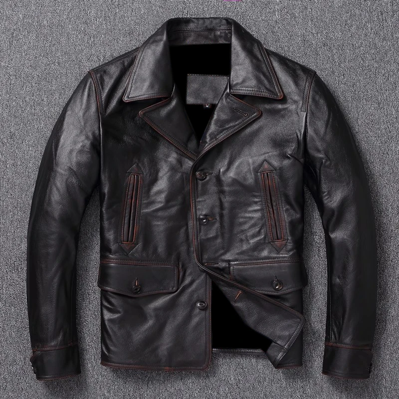 اليدوية الشاي الأساسية جلد البقر Jaet الرجال بدوره إلى أسفل طوق معطف خمر الأمريكية Sle طبقة علوية معطف جلد البقر #1