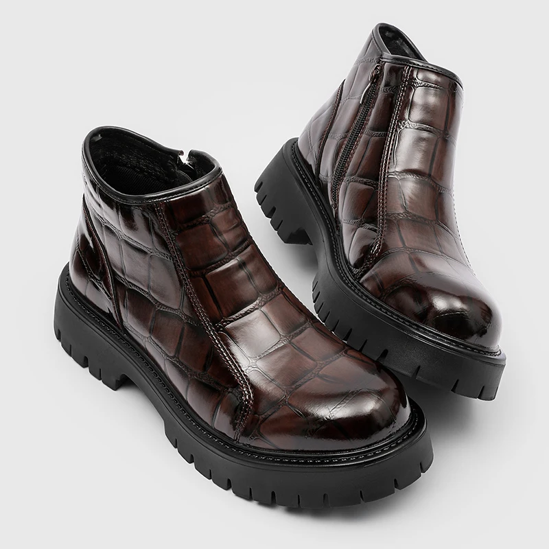 Men Glossy Leather Square Toe Slip on Ankle Boots Thick Lug Platform Sole Wear Resistant Autumn Winter Street FashionCasualShoes