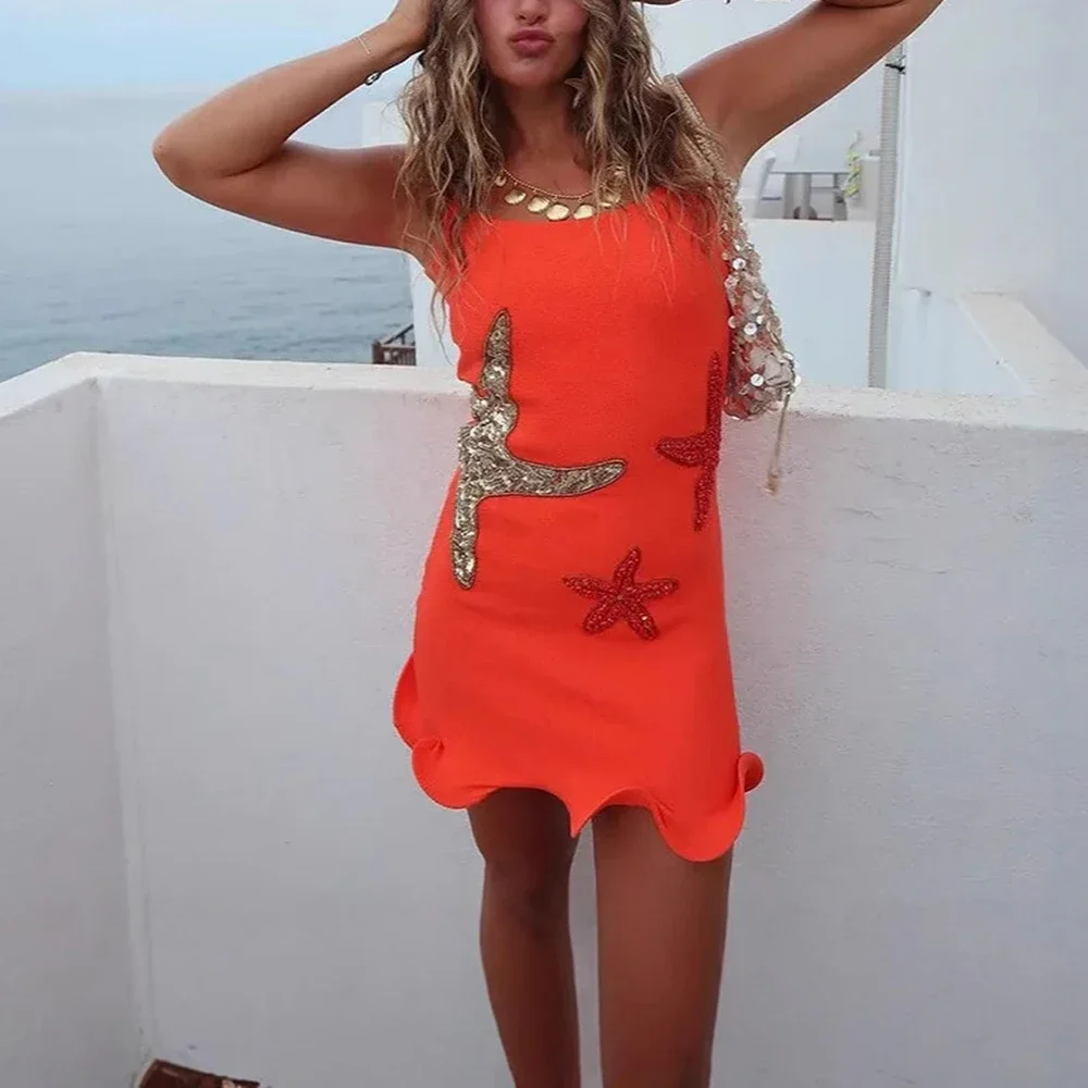 ชุดเดรสฤดูร้อนเก๋ Hotsweet Appliques แขนกุดสแควร์คอมินิปาร์ตี้ Cami ชุดเดรสสําหรับสตรี