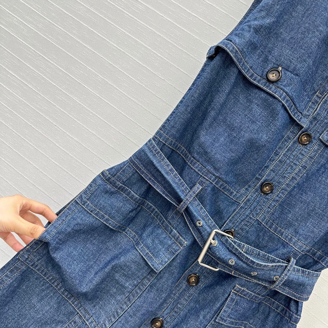 Safari Style Blue Denim Summer Midi Dress Women 2025 New Lapel Sleeveless Pockets High Waist Belt Casual High Street Dresses