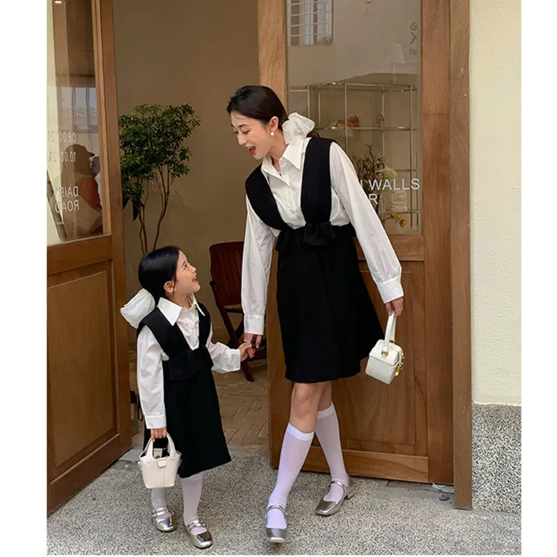 2023 New Mother And Daughter Matching Clothes Baby Girl White black Suspenders Skirts Women Clothing Mom And Me Cute Dresses