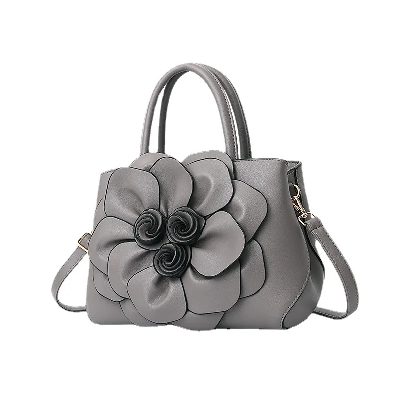 Spring Solid Color College Style Women\'s Bag PU Leather Flower Hand Shoulder Bag Cute Bag