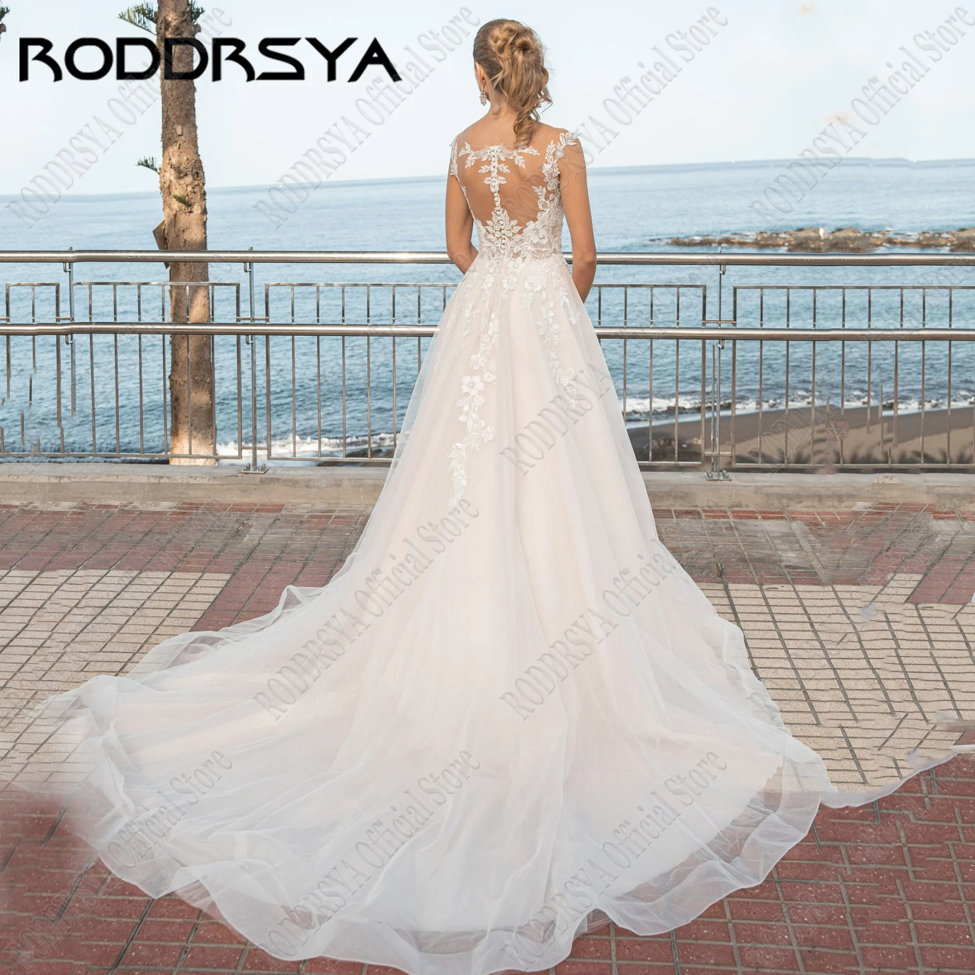 RODDRSYA Pink Sparkly Wedding Dress Detachable Sleeves See Through Bride Gowns Scoop Neck A-Line Applique Sweep Train Backless