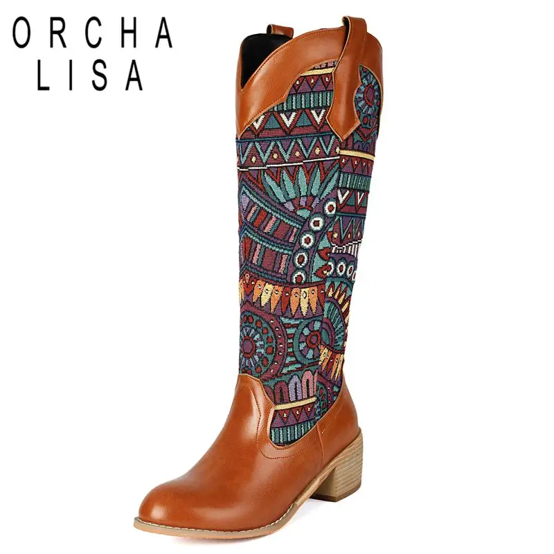 

ORCHA LISA 2025 Женские ботинки в стиле ретро с круглым носком на массивном каблуке 5 см, слипоны с вышивкой, разноцветные, большие размеры 44 45 46 Ботильоны до колена