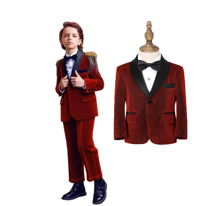 

1-11Years Boys Spring Shining 3Pieces/Set Jacket Pants Bowtie Wedding Birthday Suit Kids Performance Costume Children Red Set