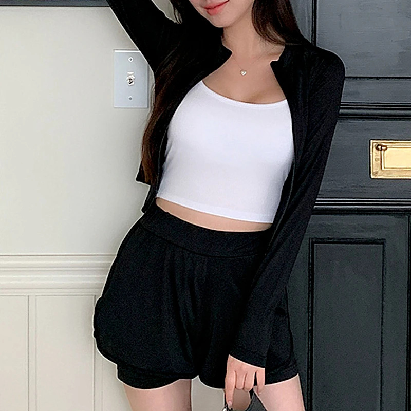 Ladies Swimwear Long Sleeves 3 Pieces Beach Wear Black Long Sleeves Coat Summer Rashguards Padded Korean Style Sports Suit