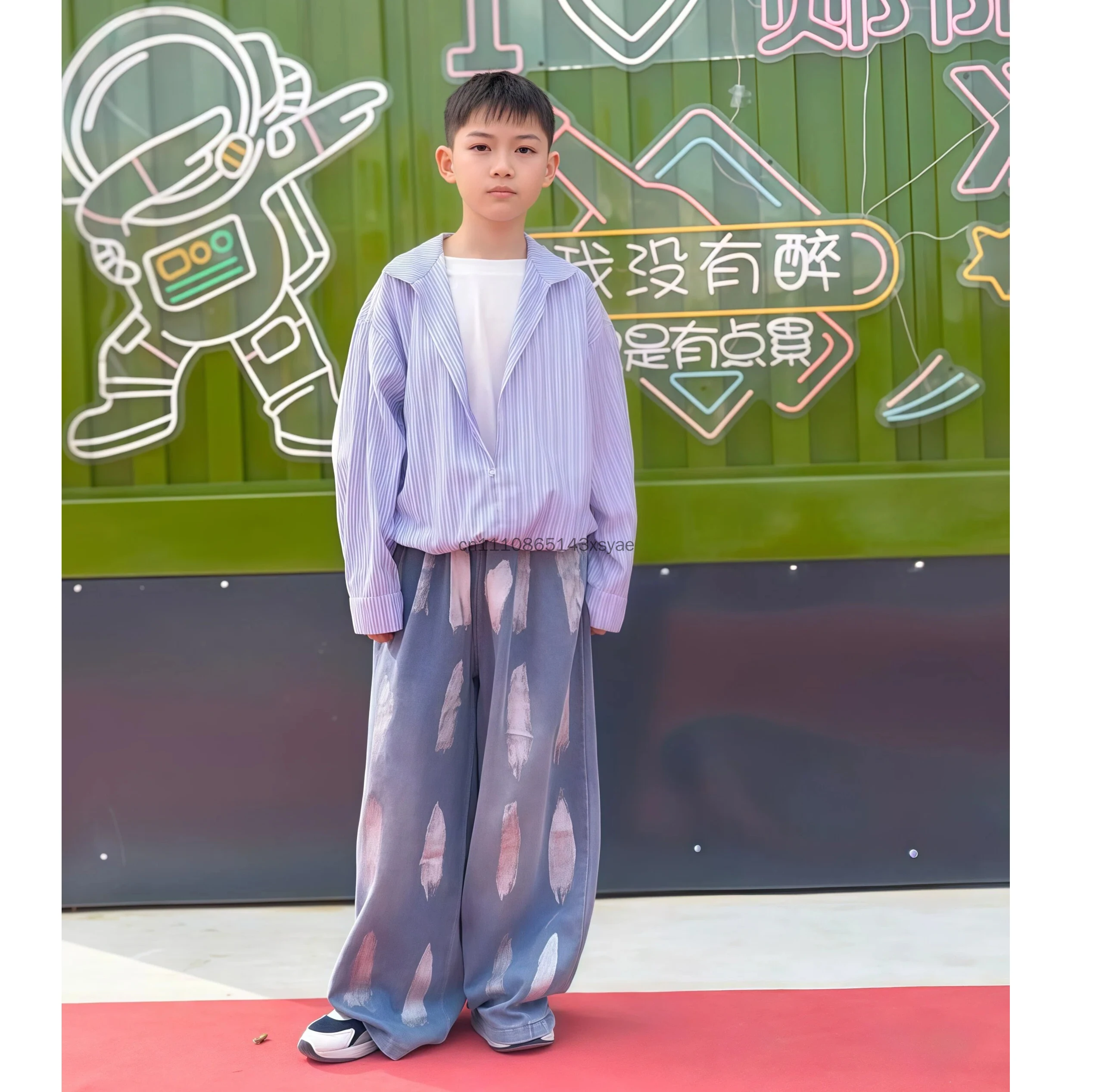 

Teen Hip Hop Dance Outfit Fake Two Piece Striped Blouse Casual Loose Jeans Boys Girls Jazz Stage Costume