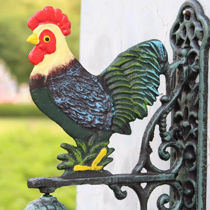Cast Iron Rooster Wall Mounted Bell Hand Colored Double-sided Hanging Decorative Bell Manually Shaking For Outdoor Patio Gate