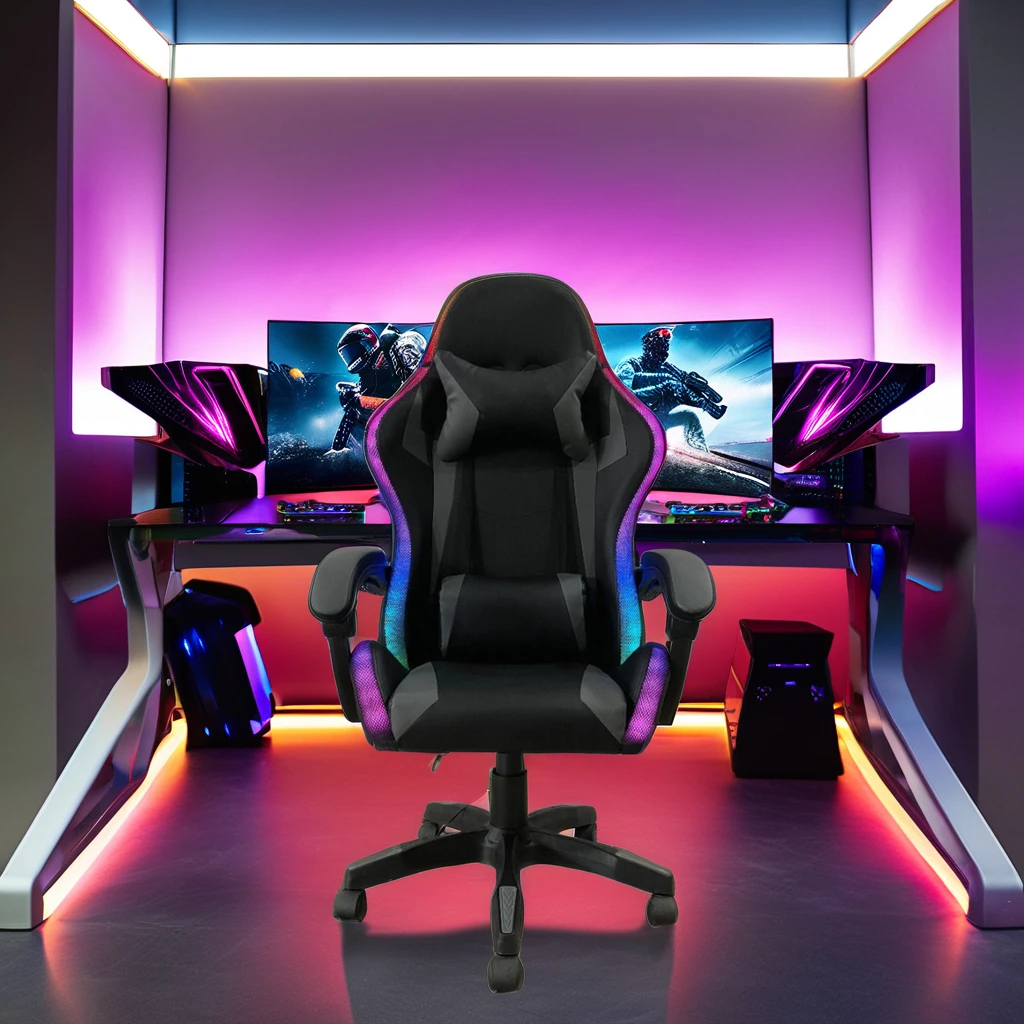 Factory Wholesale Leather Reclining RGB Gaming Chair with LED Light Bar PU Material for Gamers Free Sample for Office Use