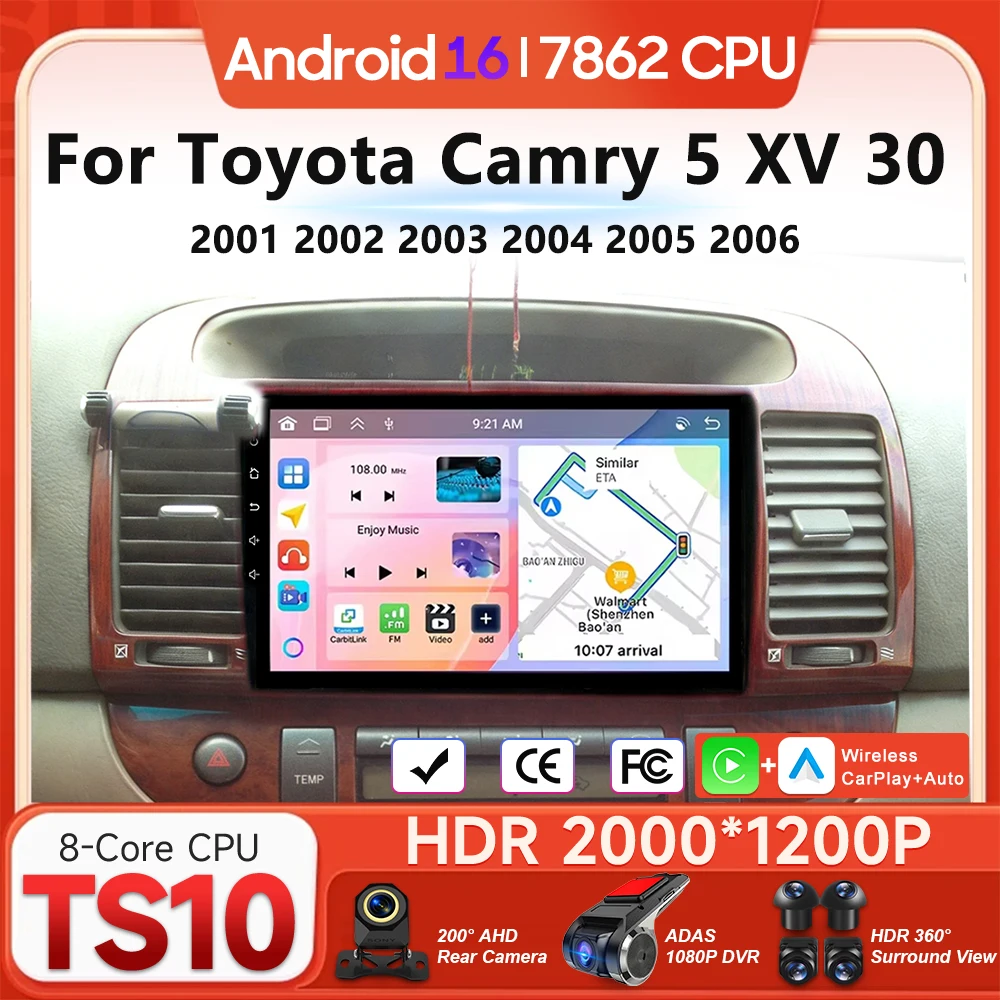 

Мультимедийный проигрыватель Android 16 для Toyota Camry 5 XV 30 2001-2006 с Carplay, Auto, Wi-Fi, GPS-навигацией и DSP