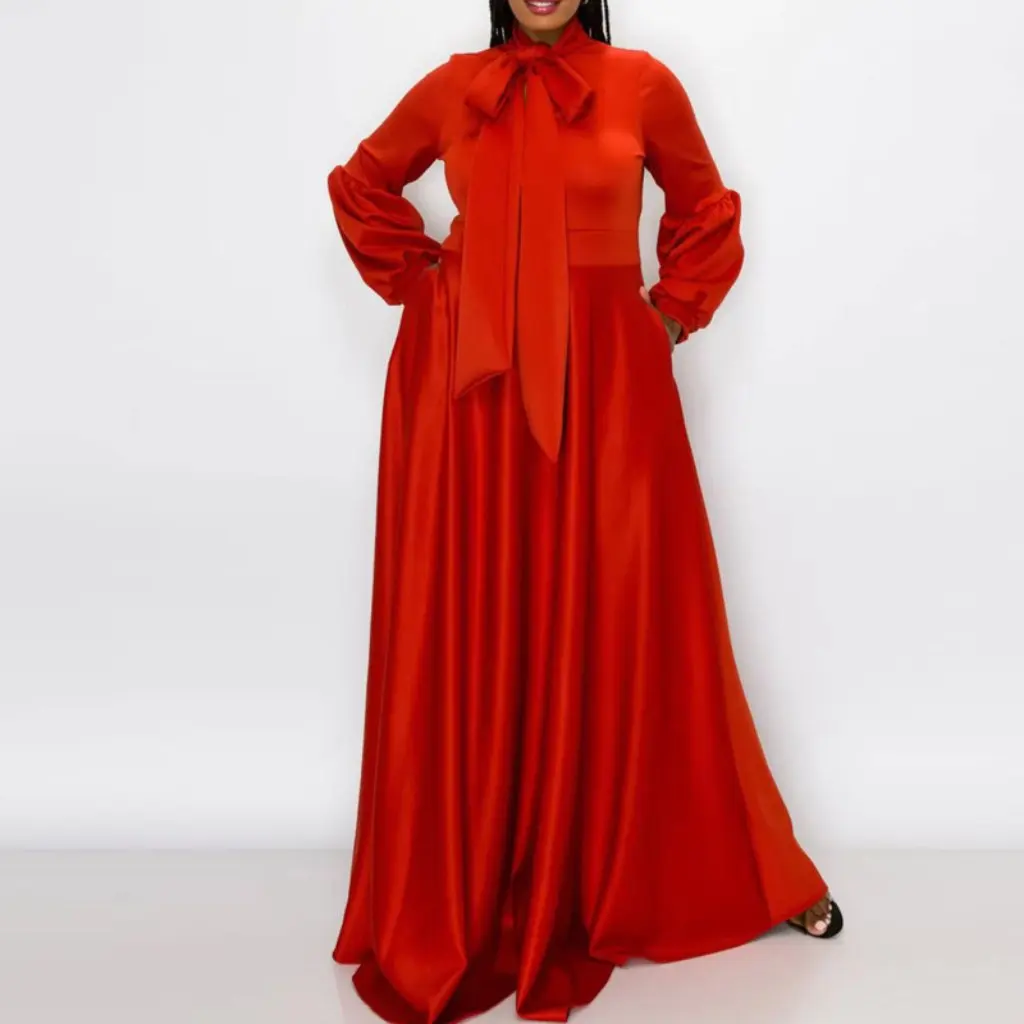 

Женское однотонное вечернее платье больших размеров на шнуровке с бантом, длинная цельная модная одежда