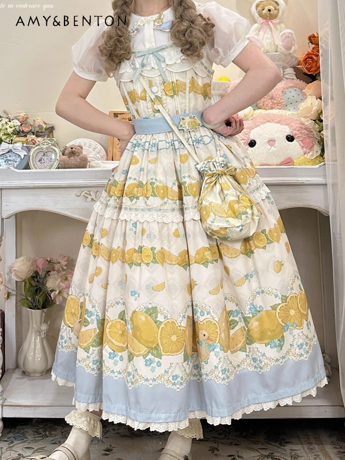 

Pastoral Retro Cute Cartoon Print Jsk Dress Elegant Fairy Style Bow High Waist Suspender Mid-length Dress Sweet Princess Dresses