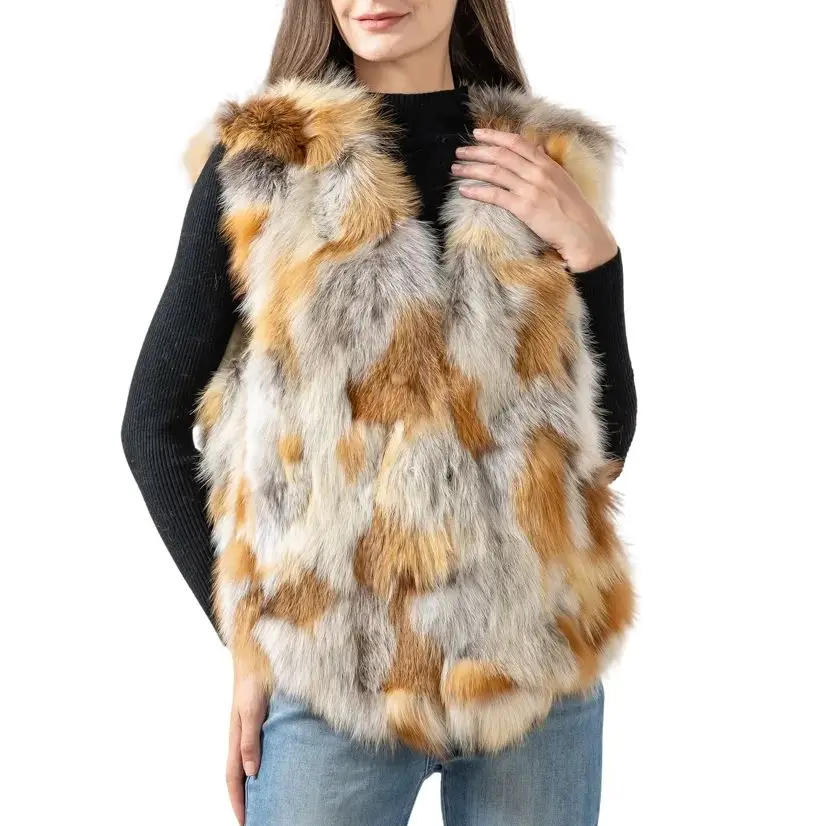 Women's Natural Fox Fur Vest for Winter Outerwear Sleeveless Waistcoat Made of Small Pieces of Colorful Fur 241153