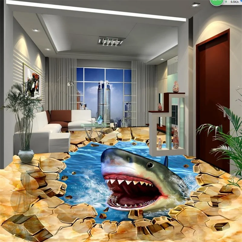 PVC Self adhesive Waterproof 3D Flooring Shark Bathroom Living Room Wallpaper Decorative Vinyls For Walls