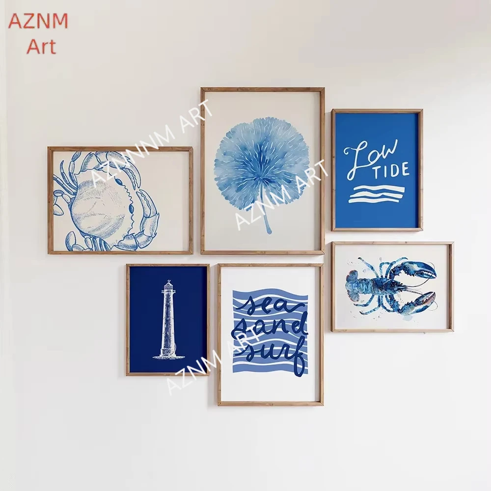Blue Coastal Gallery Wall Poster, Modern Beach Wall Art, East Coast, Sea Life, Crab Lobster Prints Canvas Painting,Home Decor
