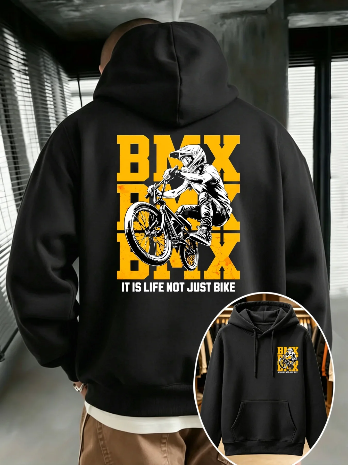 Extreme Sports BMX Men Hoodie Bicycle Rider Front & Back Graphic Autumn Winter Fleece Lined Casual Loose Hooded Sweatshirt