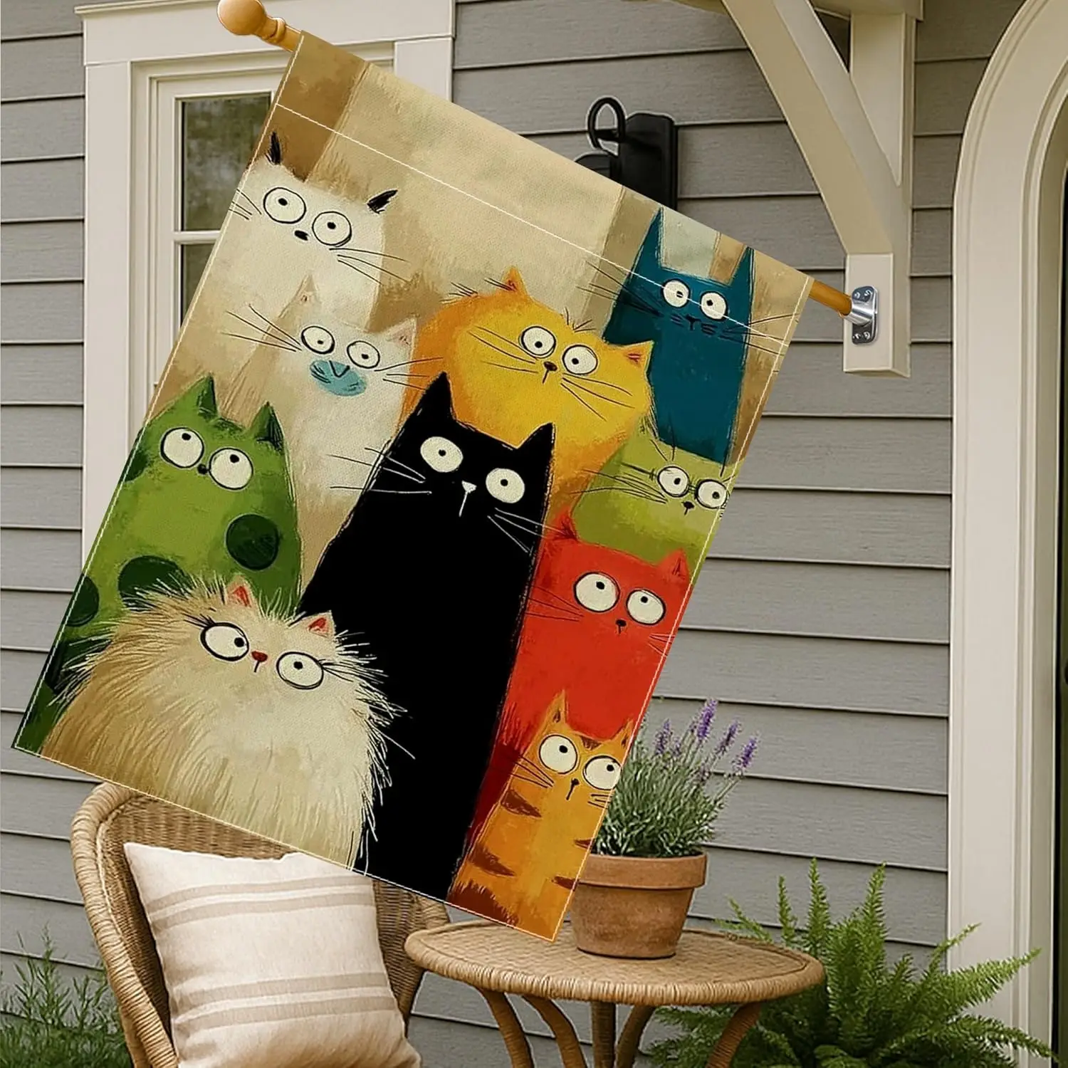 Cat House Flag, Fanciful Playful Cat Colorful Cats None Black Burlap Double Sided Outside Large Garden Flag for Outdoor Pati ZZM