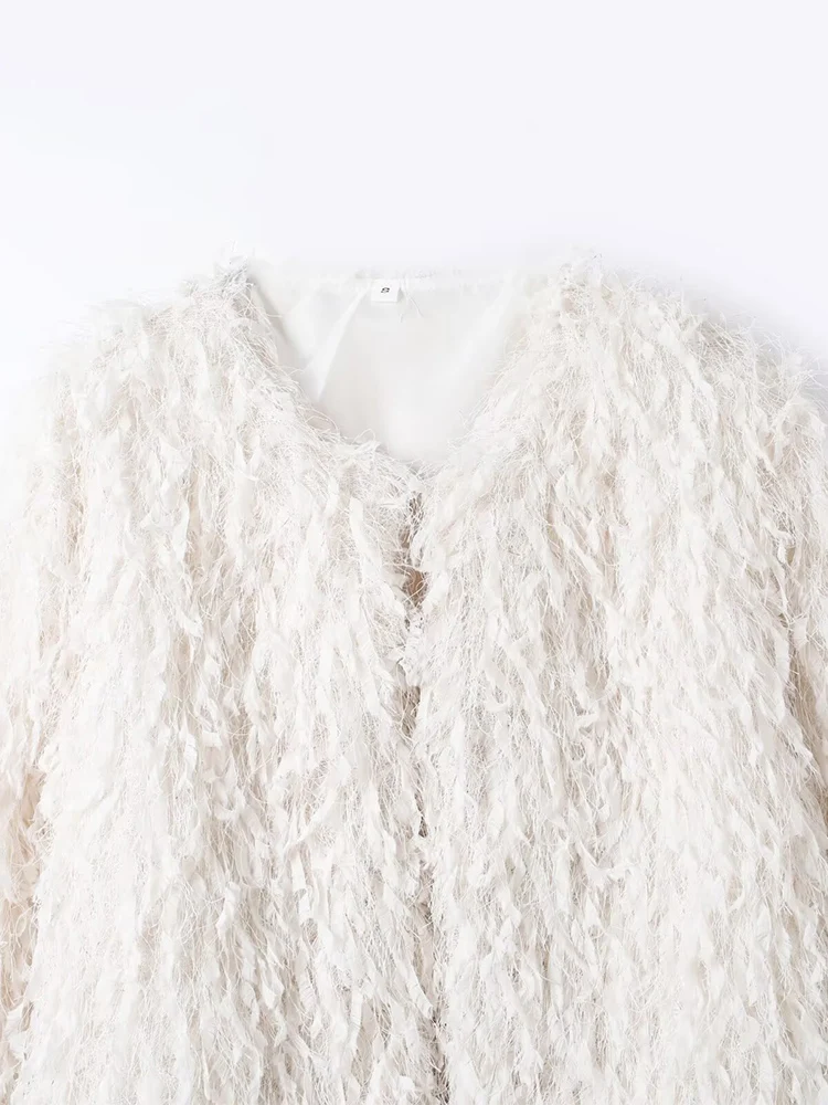 معطف نسائي جديد على الطراز الأوروبي أنيق ومتعدد الاستخدامات بأكمام طويلة مع زخارف من الريش وخيط معدني. #3